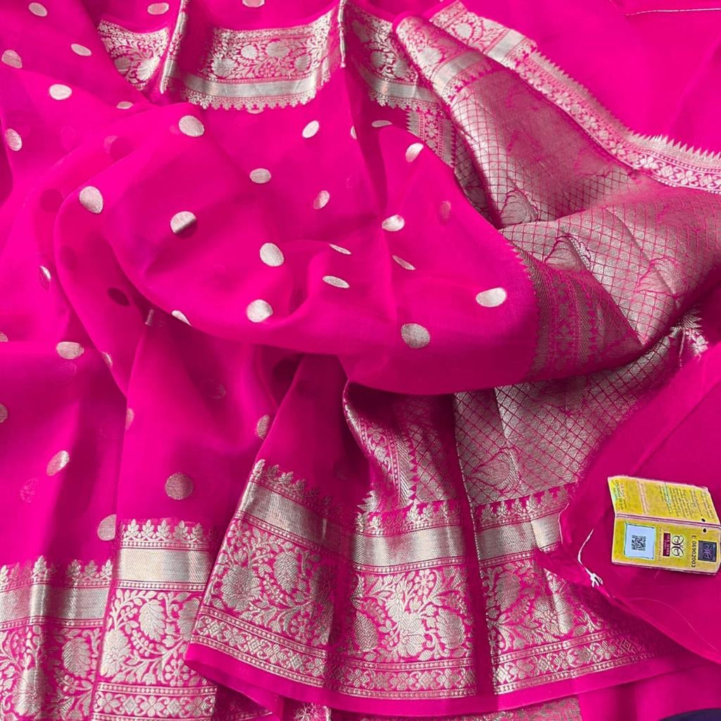 Hot Pink Banarasi Semi Kora Organza Saree