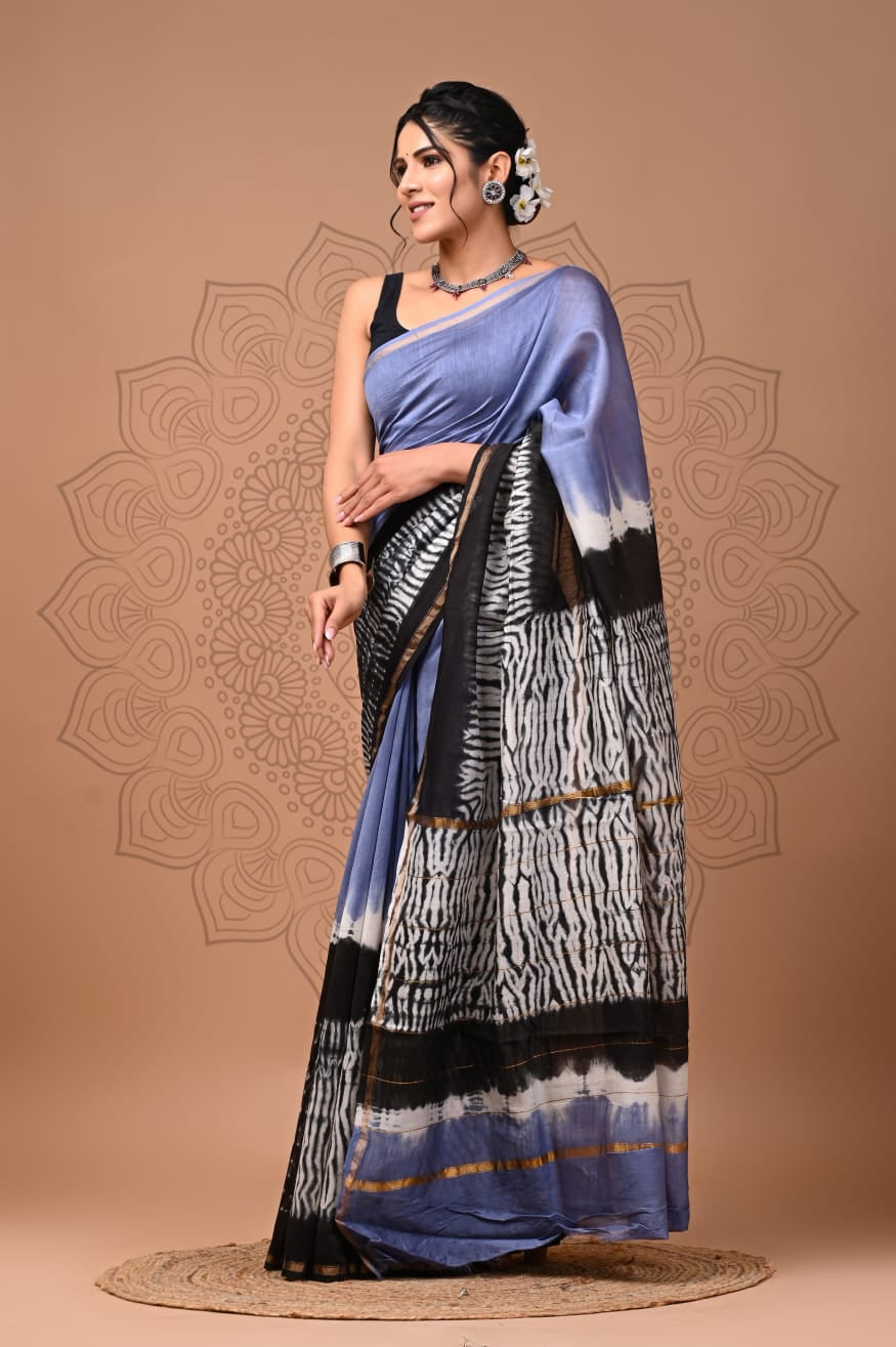 Handloom Chanderi Bagru Block Printed Saree-Black & White