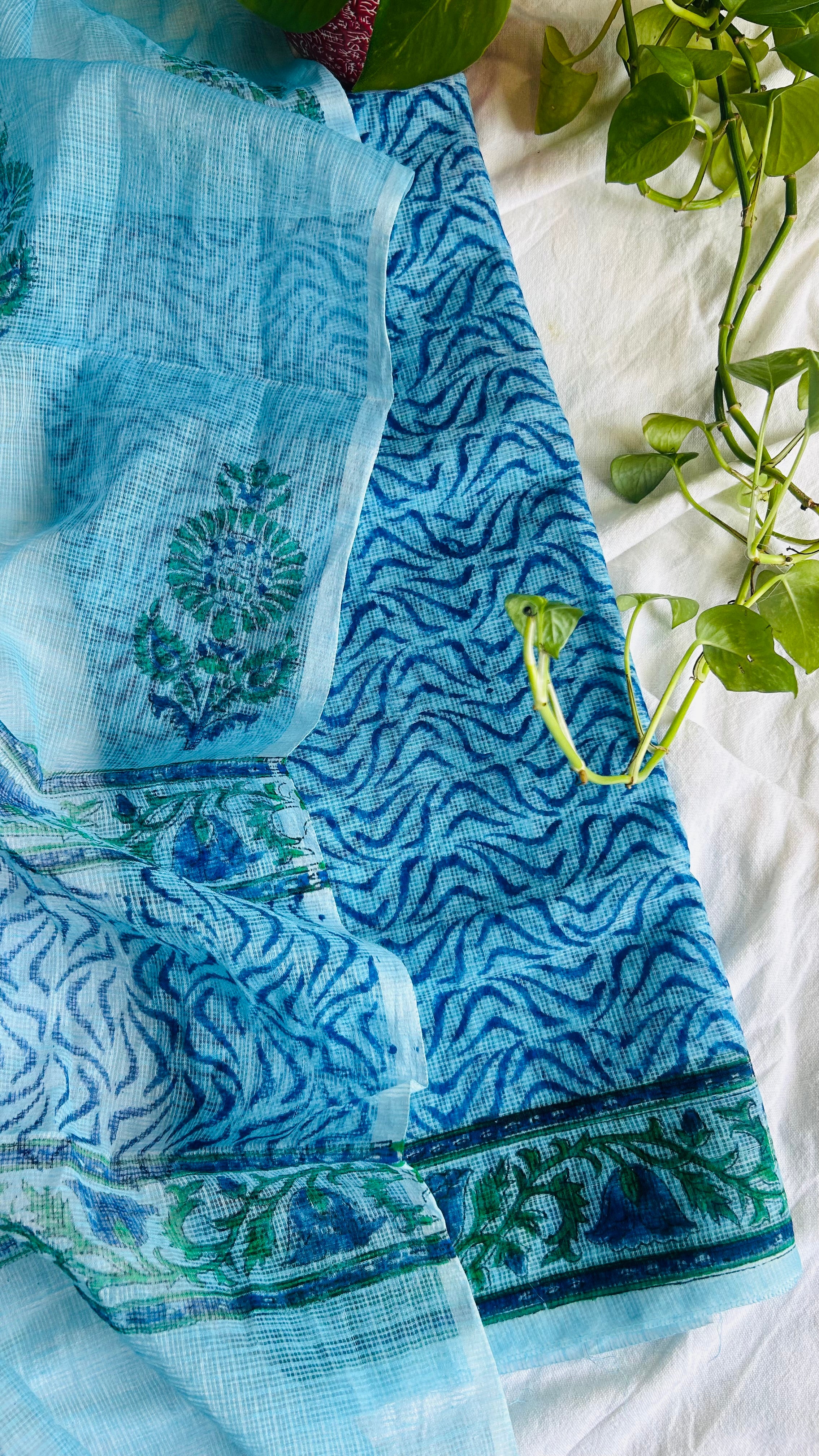 Summer Look Kota Doria Hand Block Print Suit In Blue (unstitched)