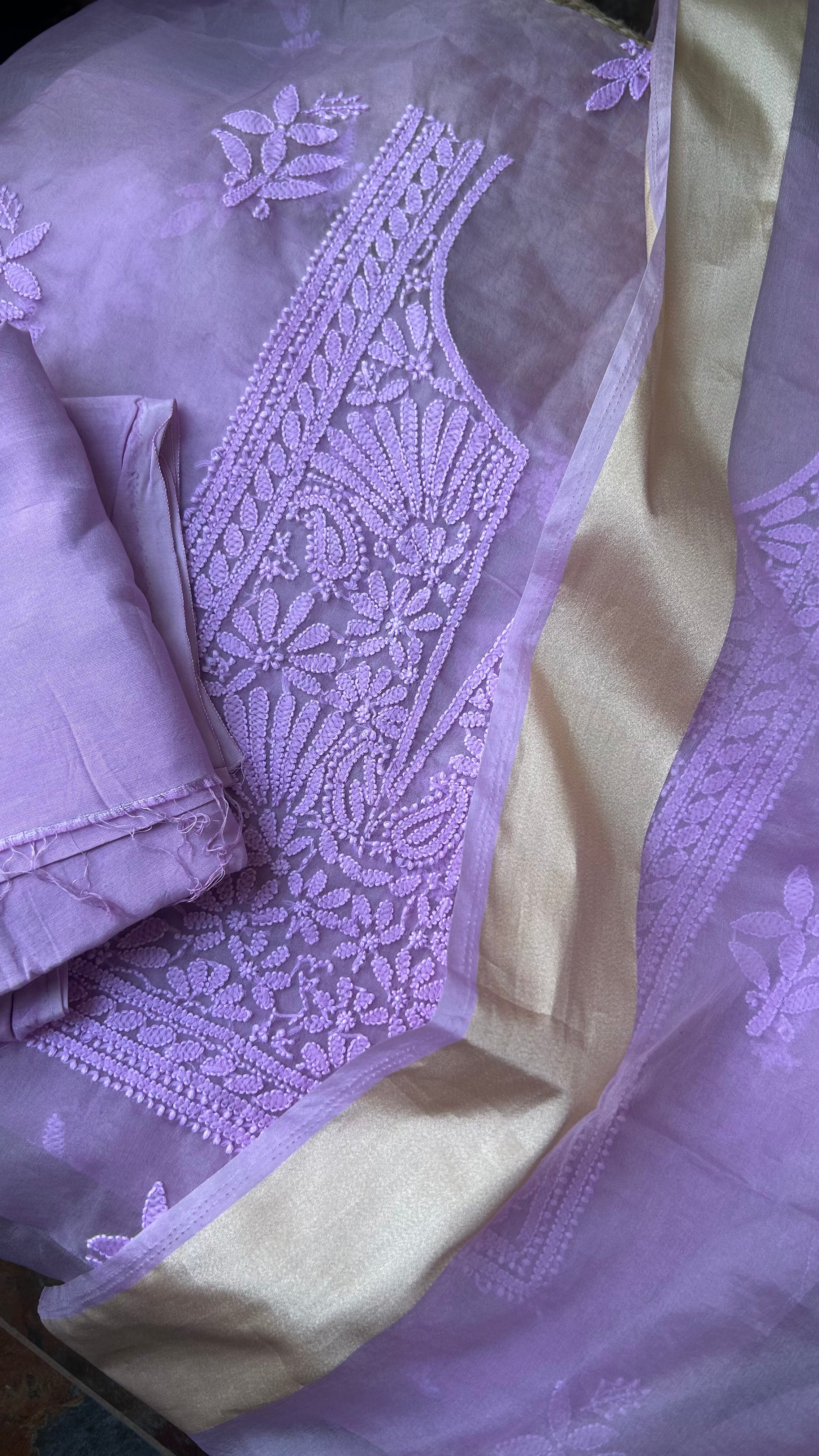 Lavender Purple Chikan work Organza Salwar Suit fabric