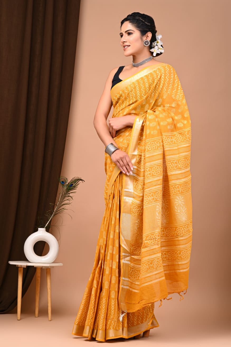 Yellow Pure Linen Saree