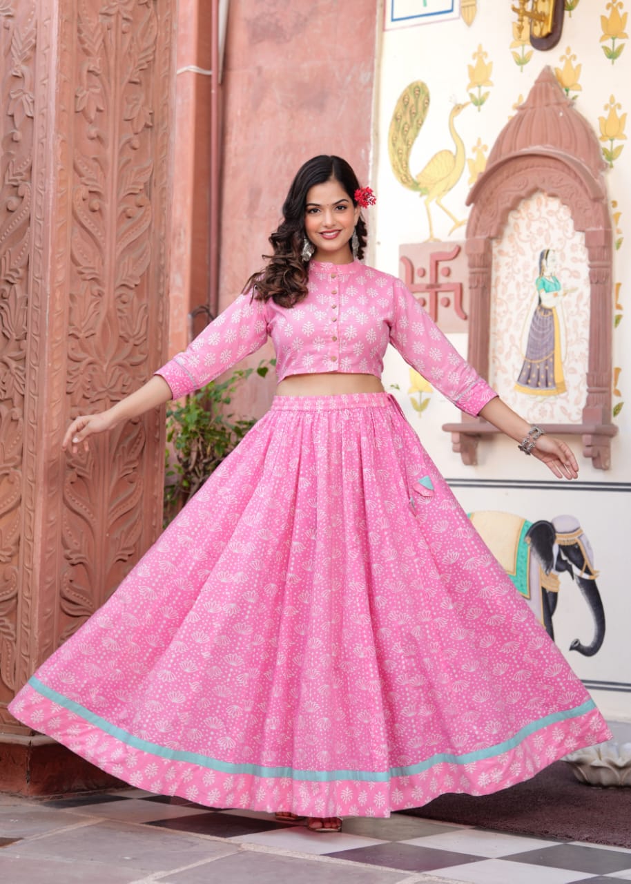 Pink Dandia Block Print Flora lehenga choli Set