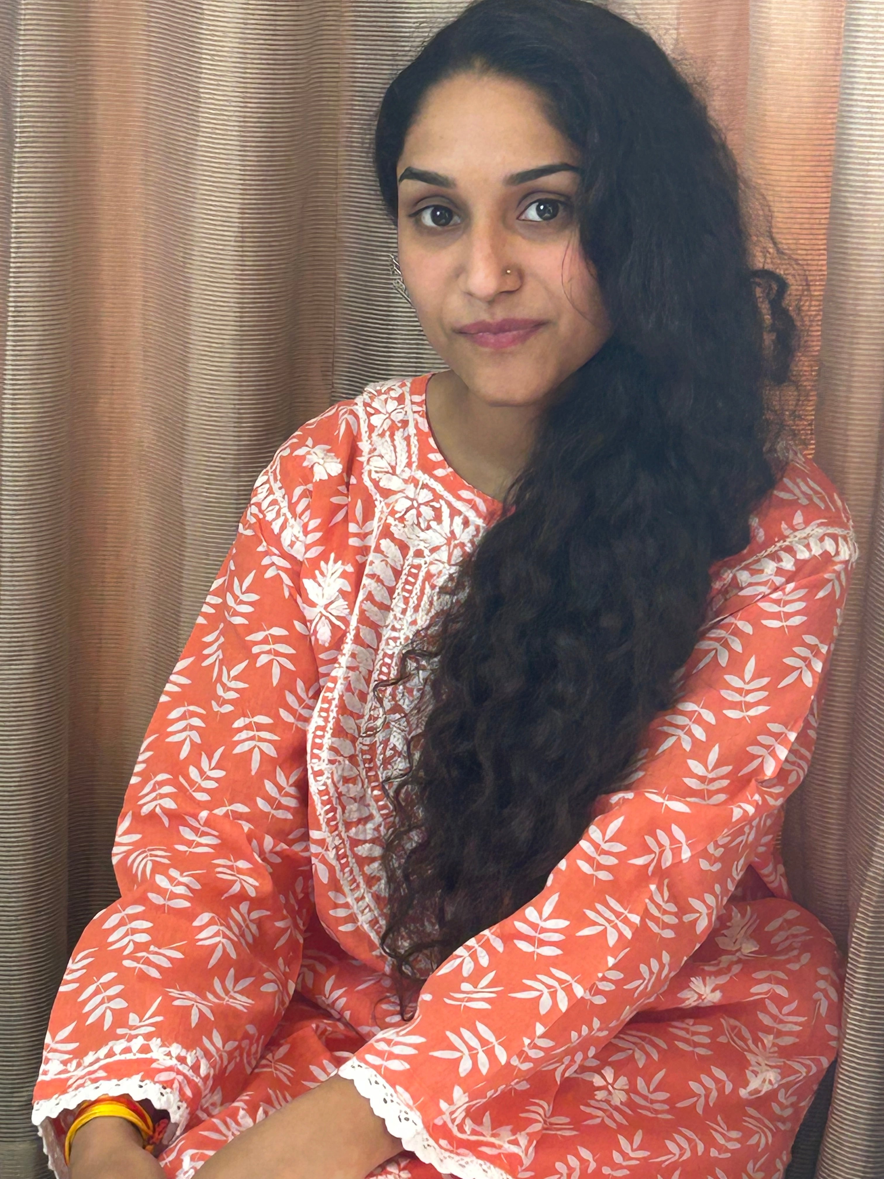 Orange Floral Lucknowi Cotton Chikankari Sharara Set