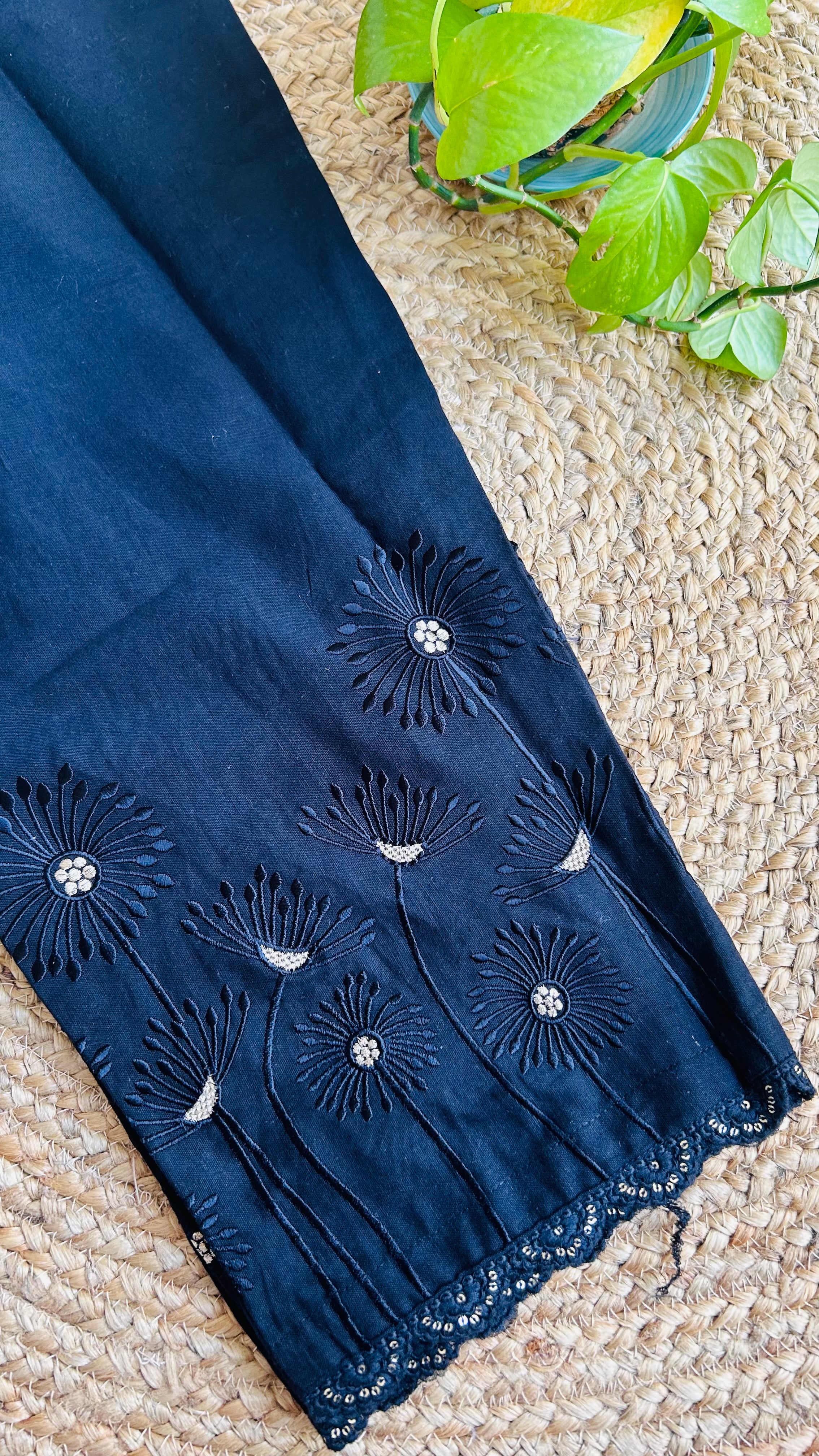 Avika Black Flower Embroidery Straight Pant In Cotton For Women