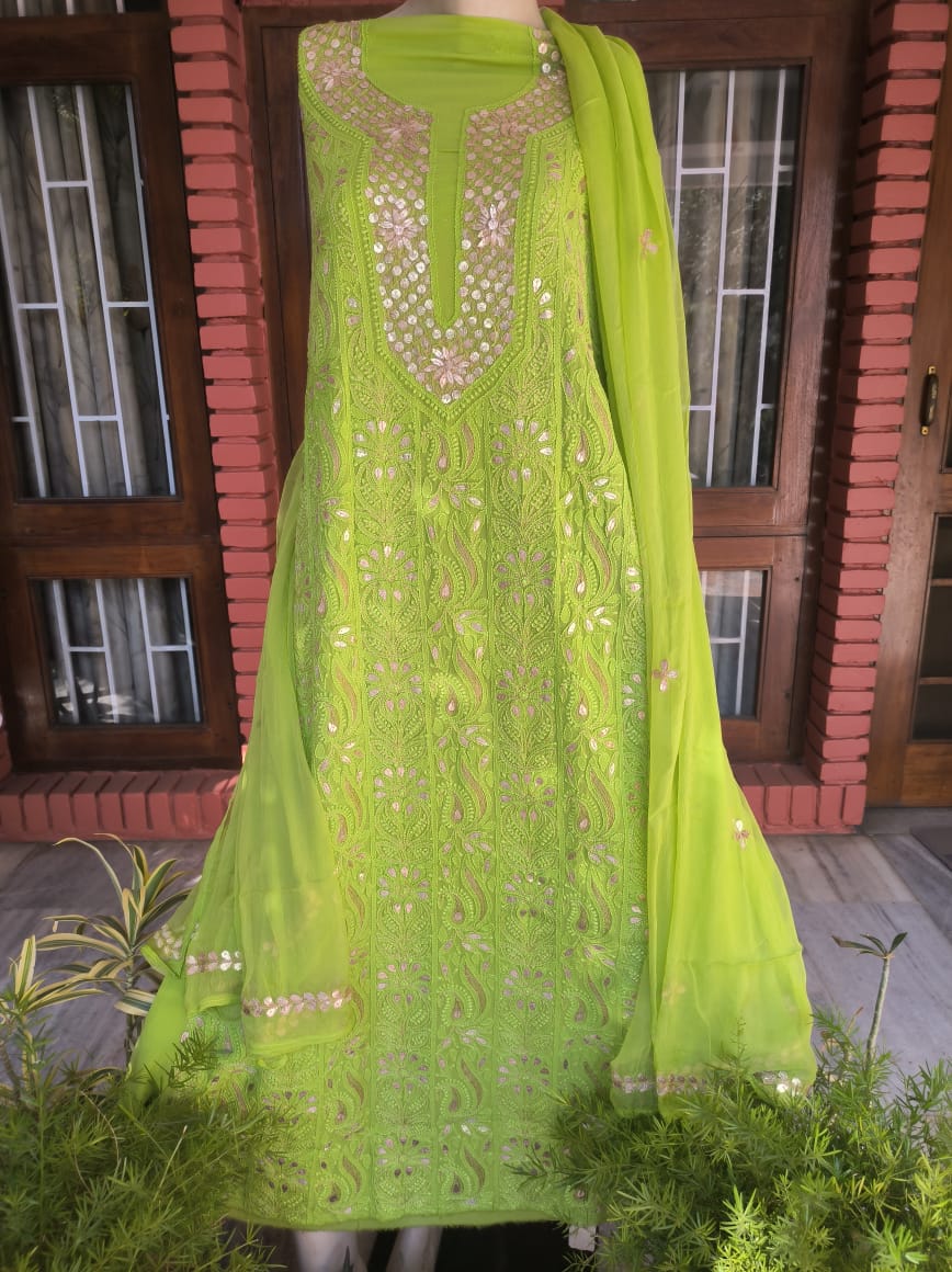 Green Lucknowi Chikankari Gota Patti Salwar Suit(Dress Material)