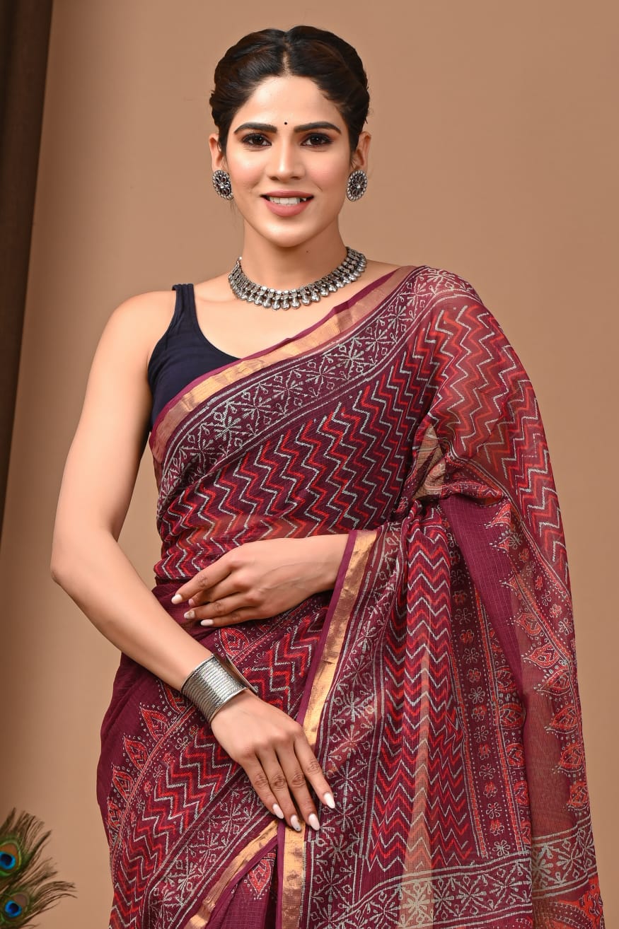 Trending Striped Red Kota Doria Traditional Print Saree