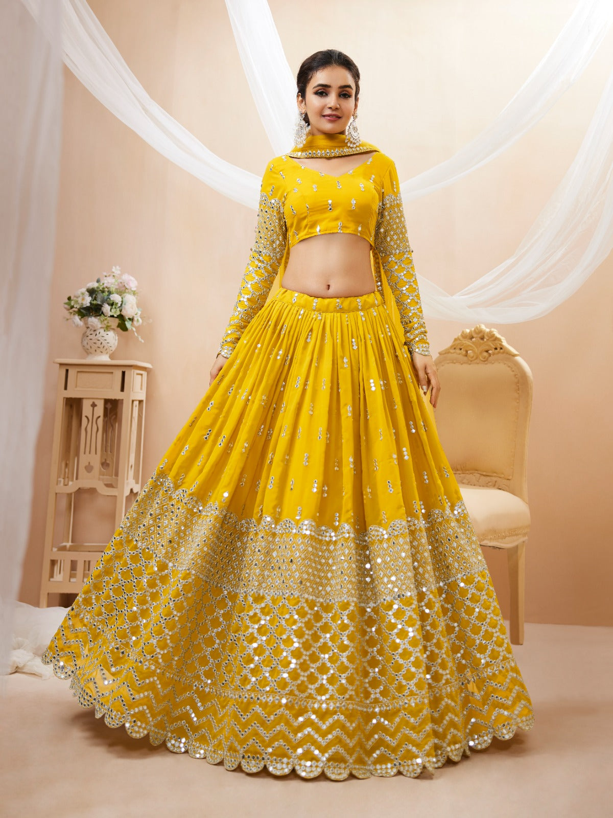Buy Yellow Satin Printed Floral Motifs V Neck Bridal Lehenga Set For Women  by Ridhima Bhasin Online at Aza Fashions.