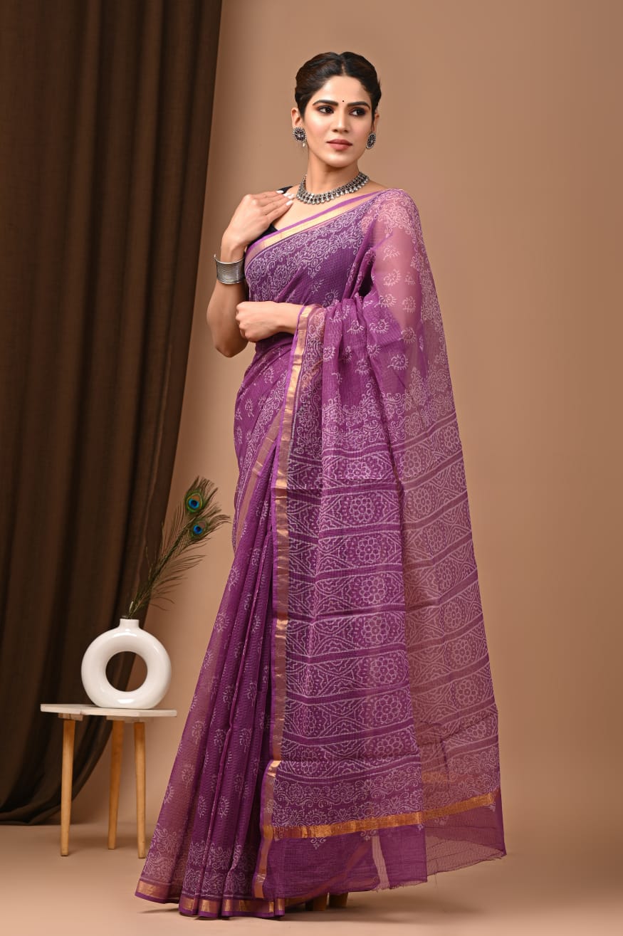 Charming Purple Traditional Kota Doria Print Saree