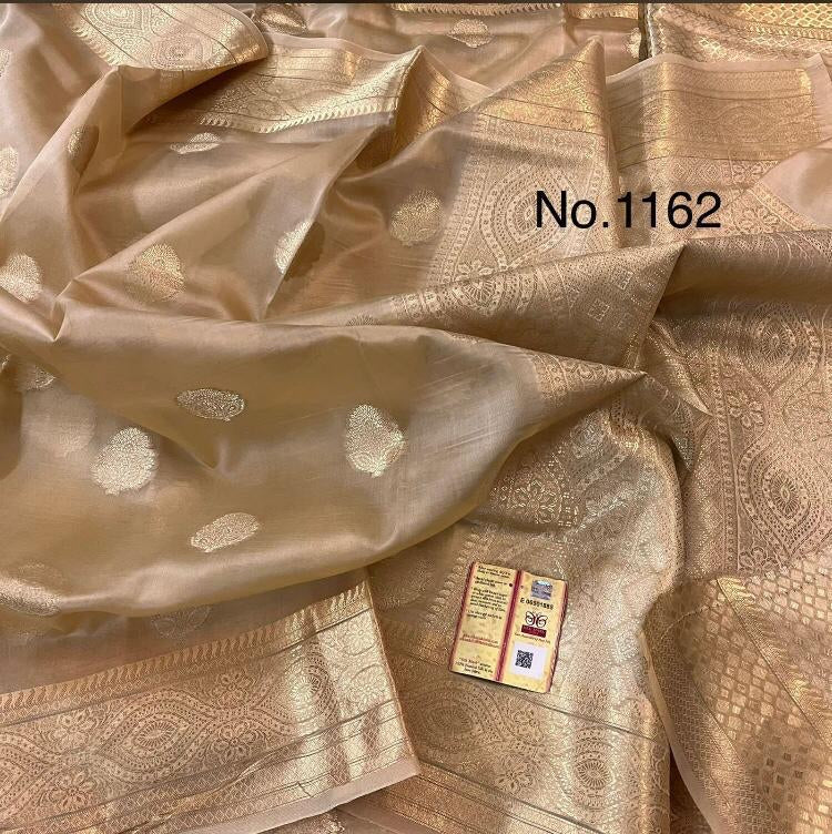 Trending Gold Beige Banarasi Semi Kora Organza Festive Elegant Saree