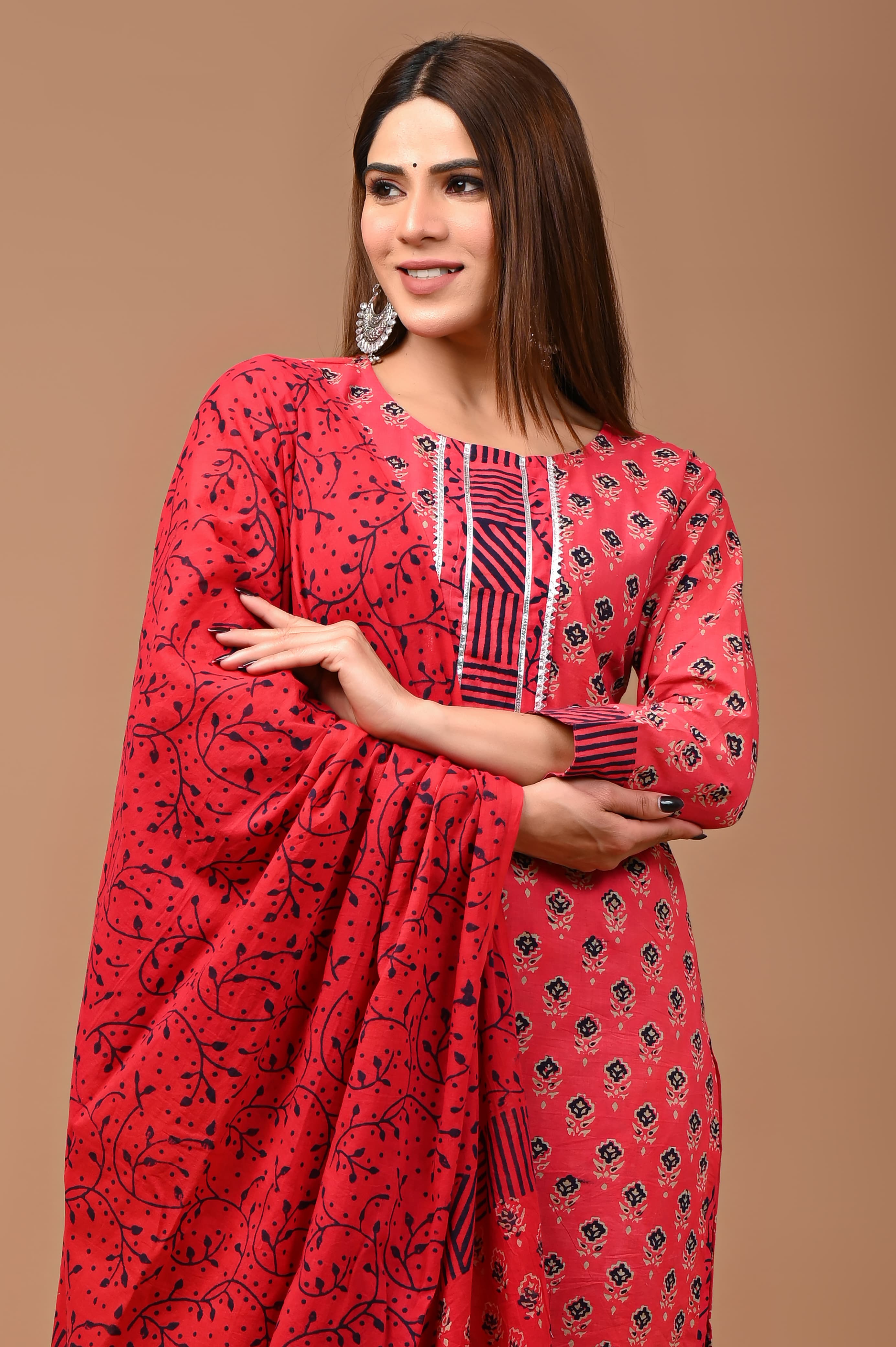 Red Block Print Suit Set With Dupatta