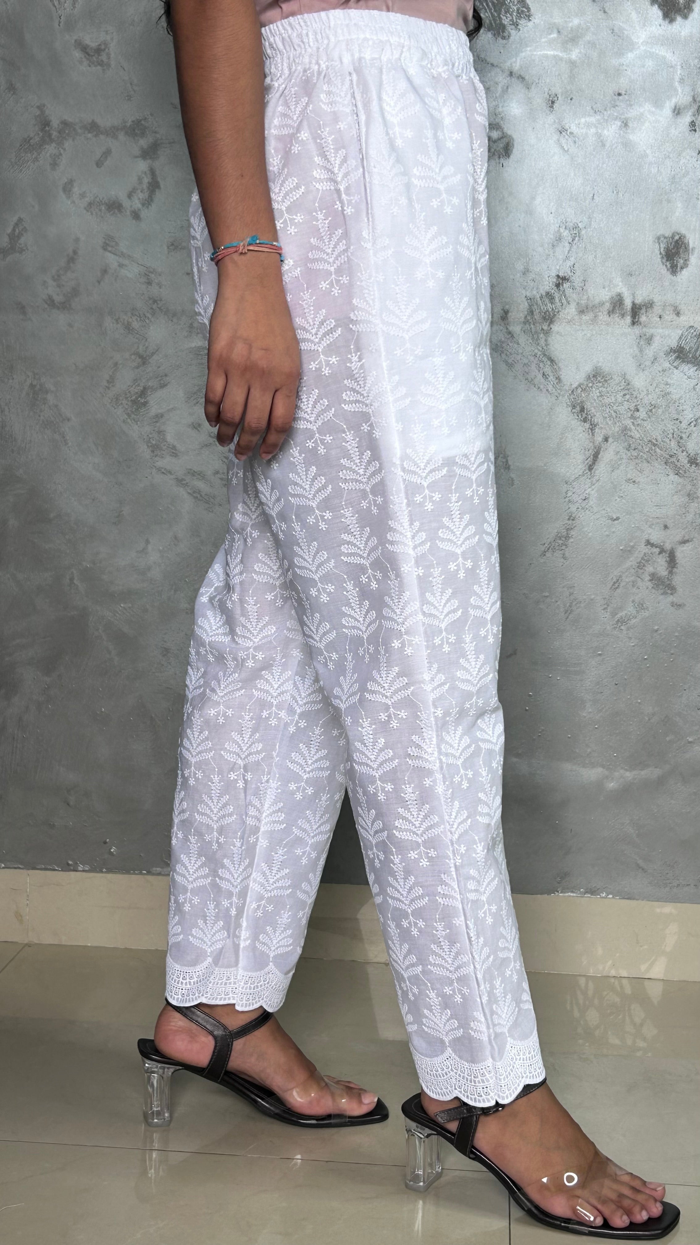 White Full Chikankari Embroidery Work Straight Pant In Cotton