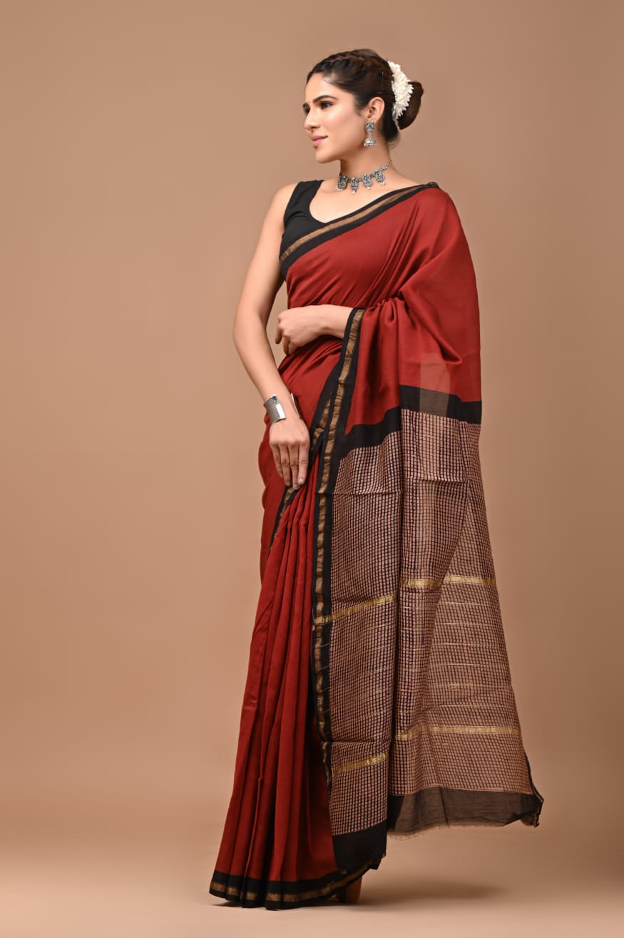 Red Maheshwari Block Print Saree