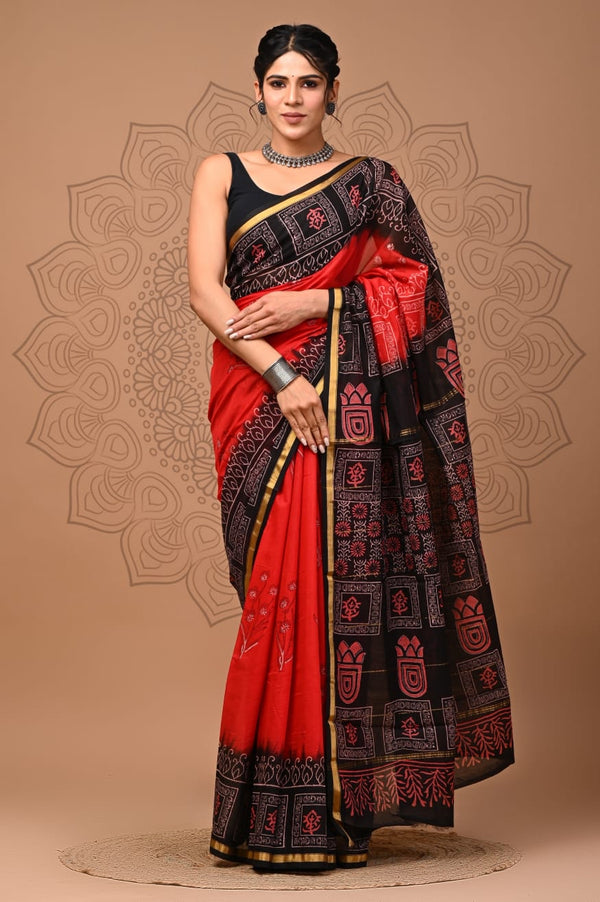Red Chandari Printed Saree