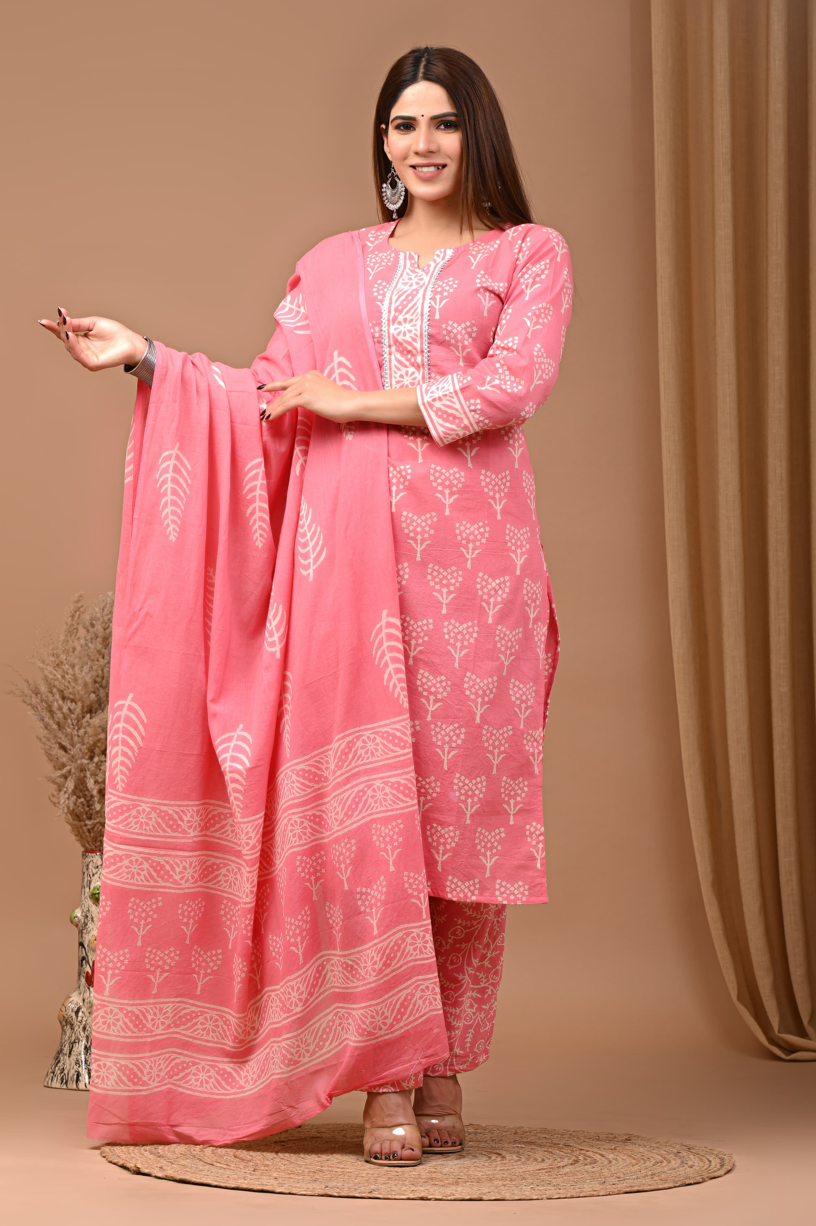 Gajri Pink Block Print Suit Set And Dupatta