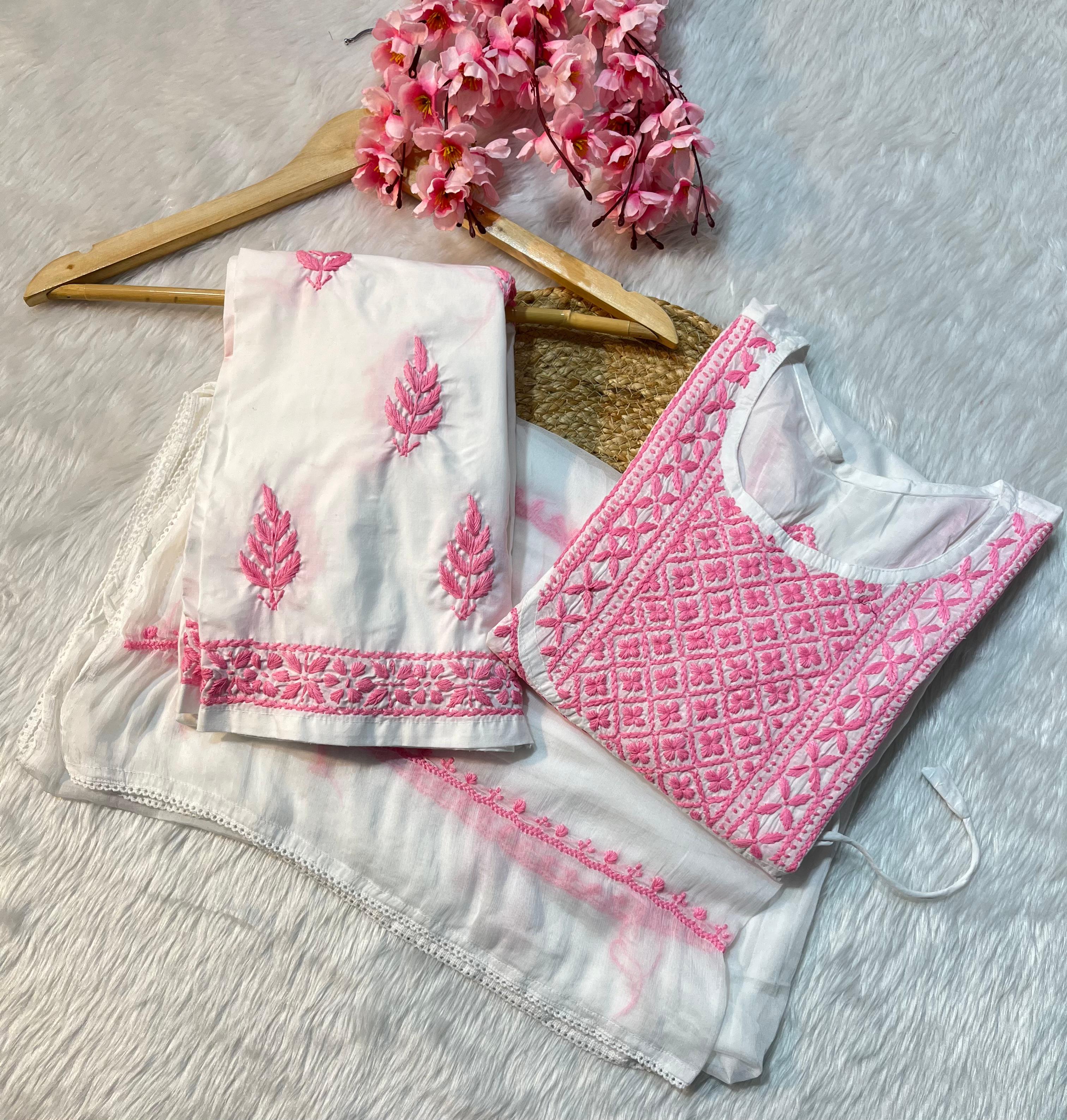 Sahiba White Lucknow Chikankari cotton Kurti With Pant and Dupatta