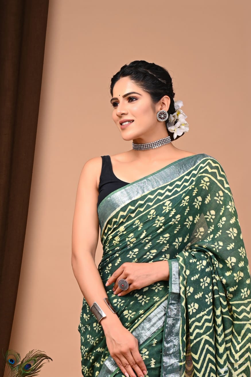 Green Pure Linen Saree