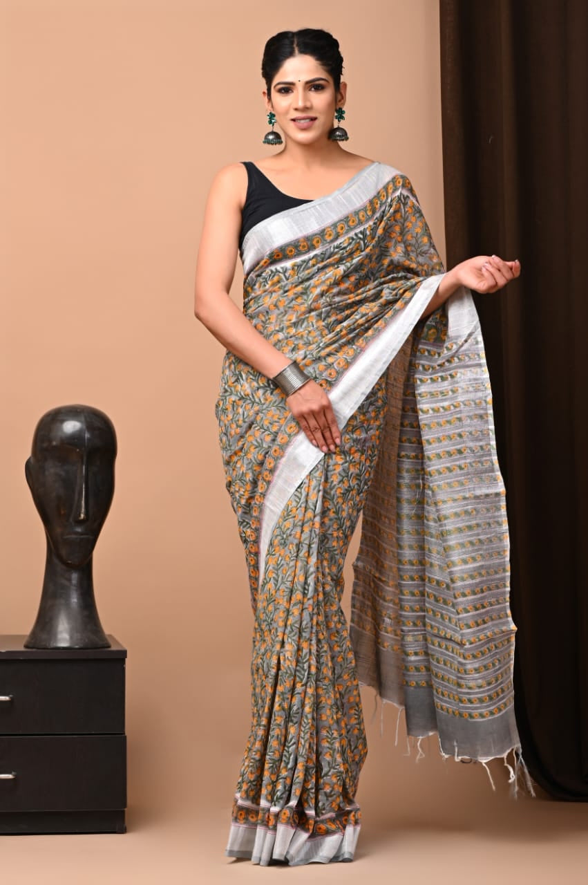 Gray Pure Linen Saree