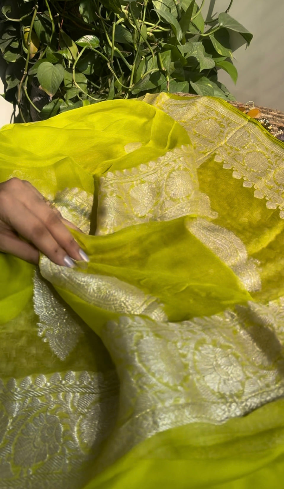 Lemon Green Banarasi Khaddi Saree