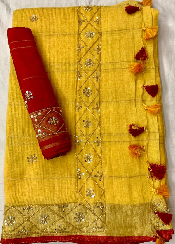 Yellow Pure Linen Saree With Embroidery