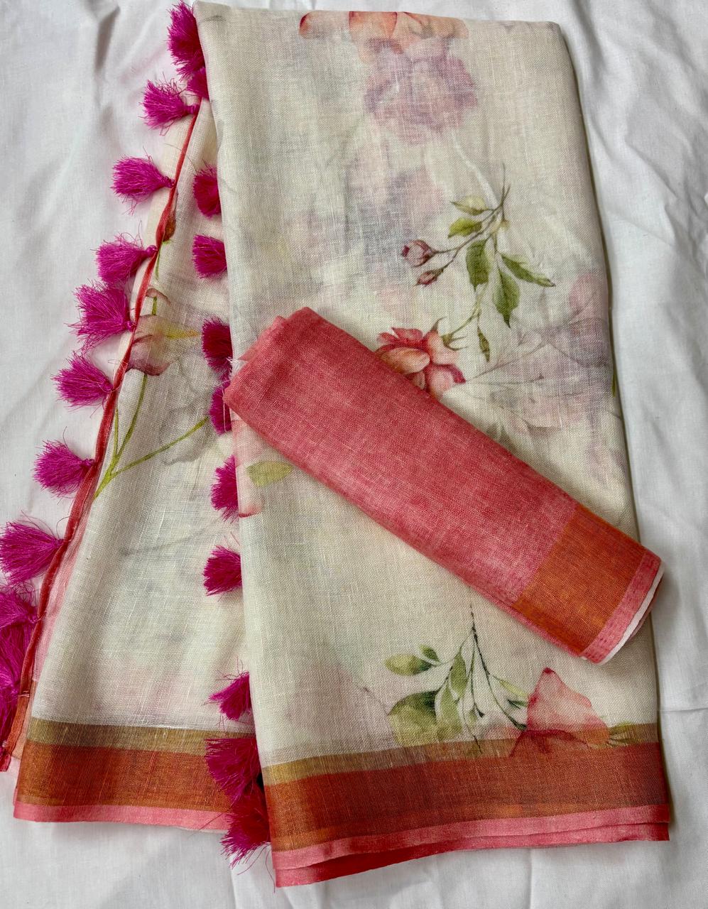 Cream Floral Pure Linen Saree