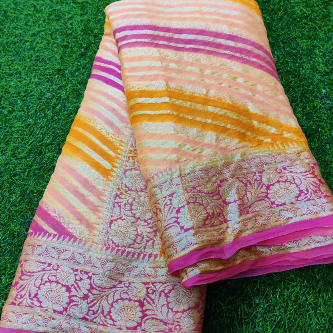 Pink-Orange Banarasi Chiffon Saree with minakari