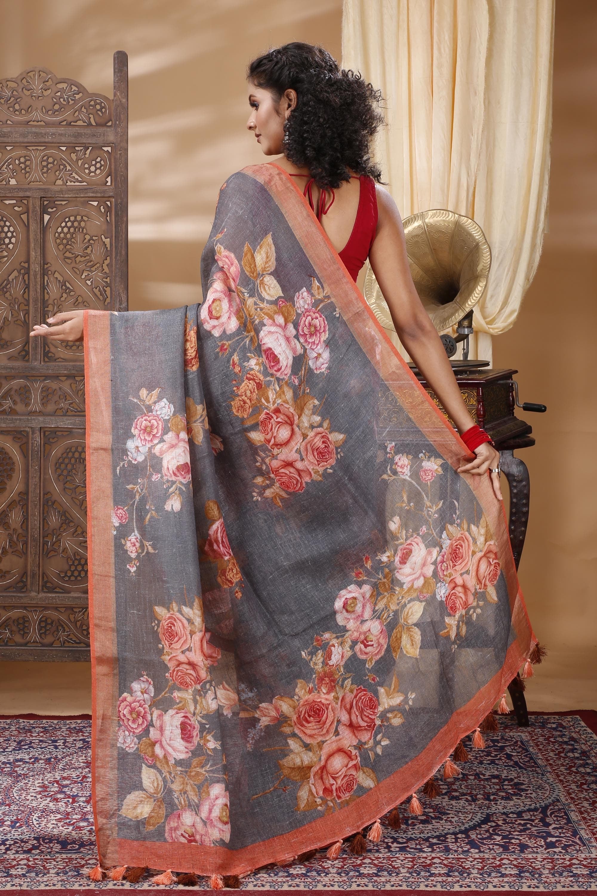 Royal Floral Linen Saree Premium