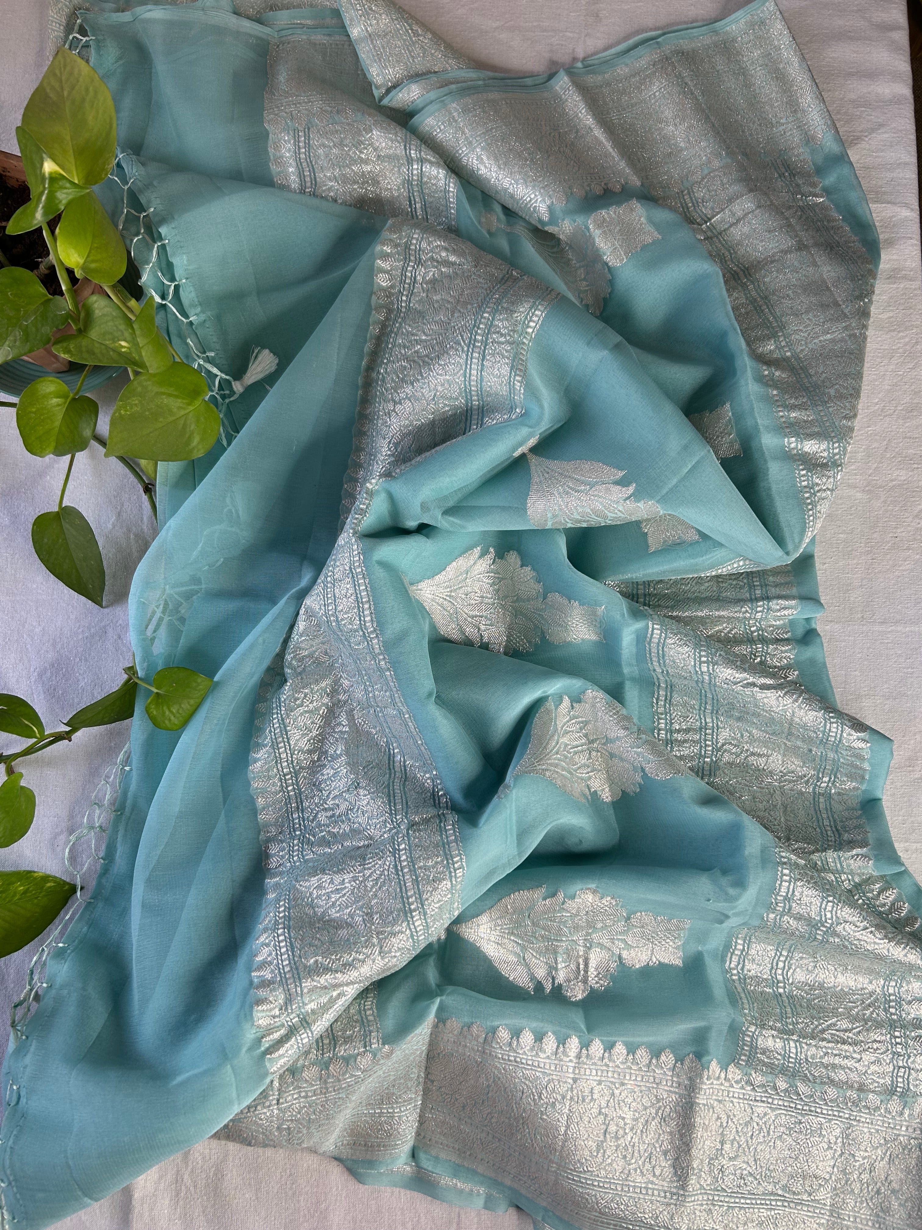 Baby Blue Blue Banarasi Khaddi Chiffon Jaal Saree