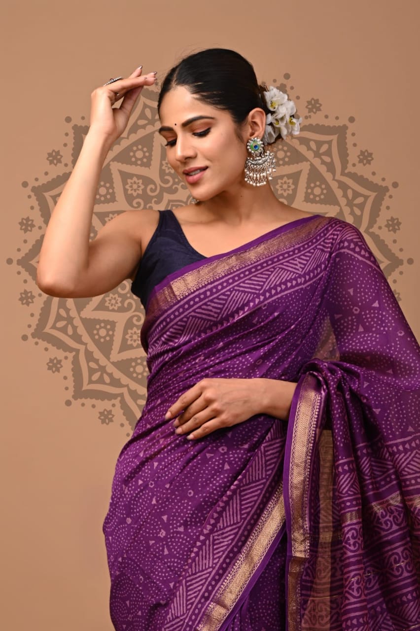 Purple Maheshwari Bagru Block Print Saree