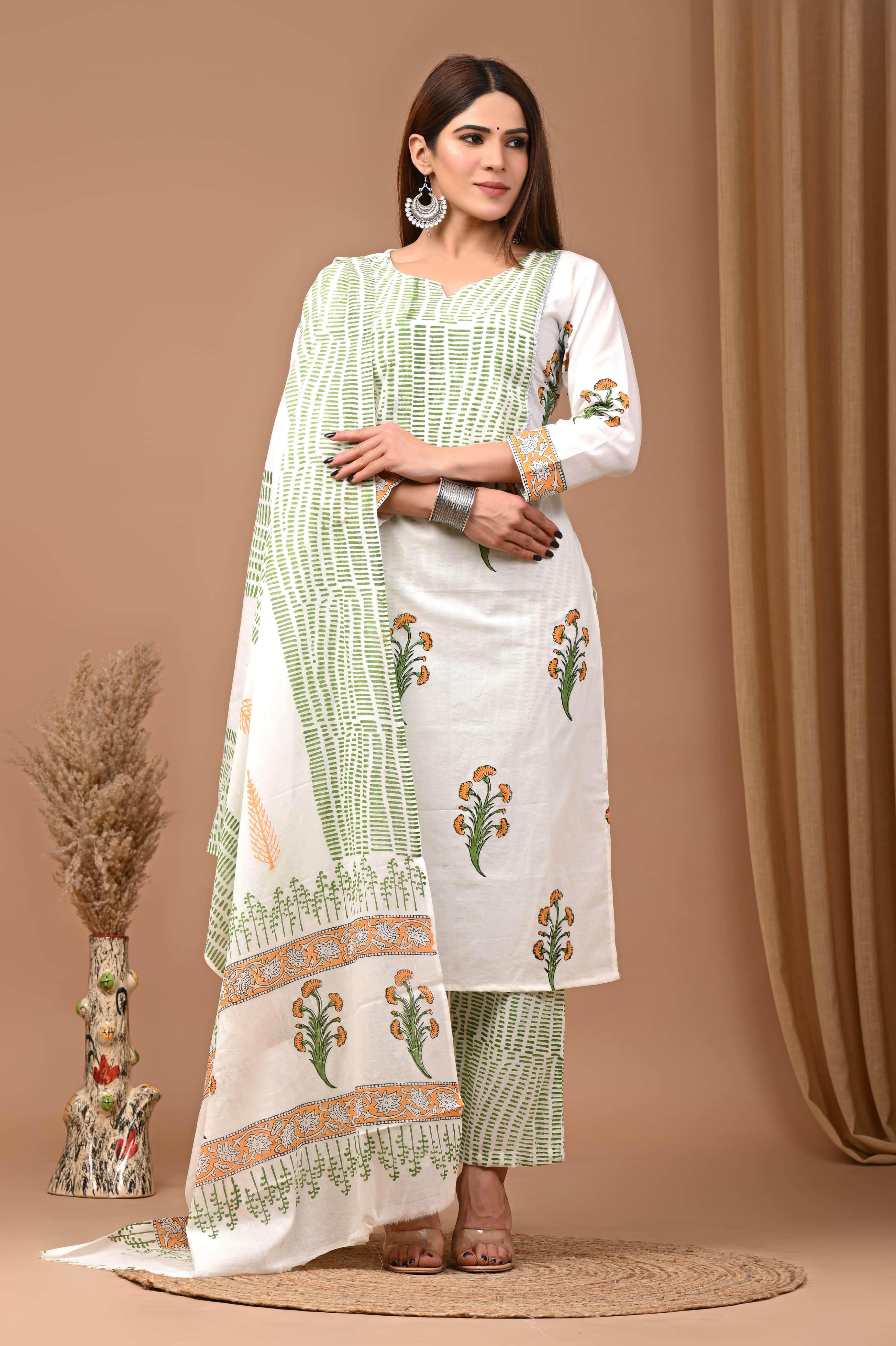 Daily Wear Green Stitched Cotton Suit Set