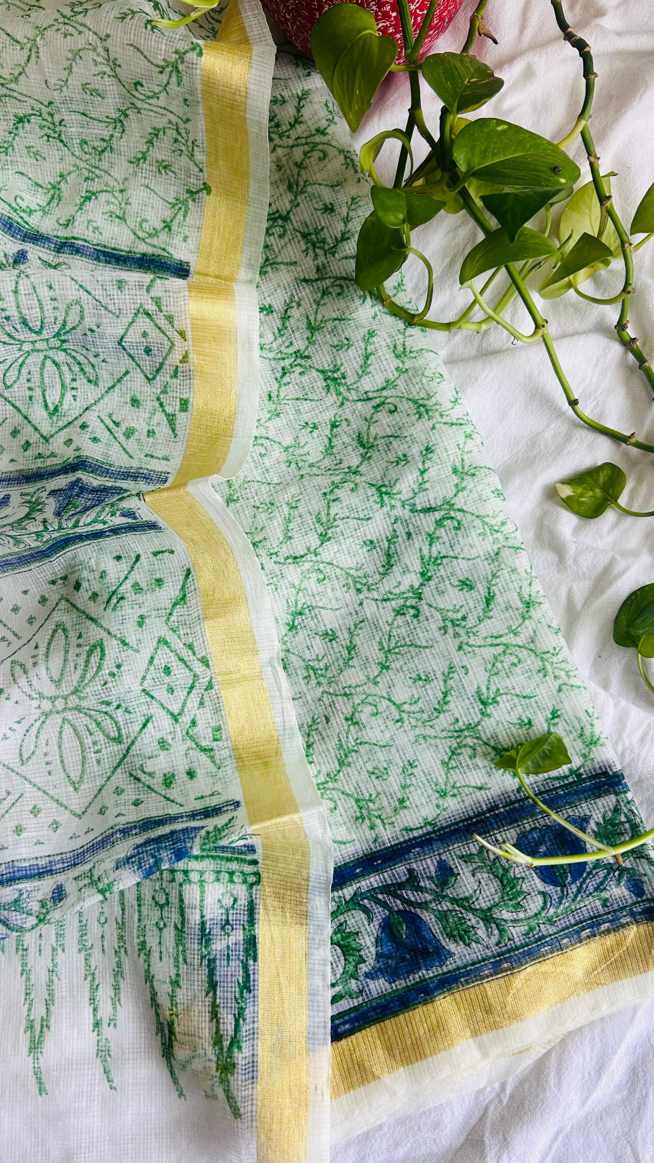 Summer Look Kota Doria Hand Block Print Suit In White (unstitched)