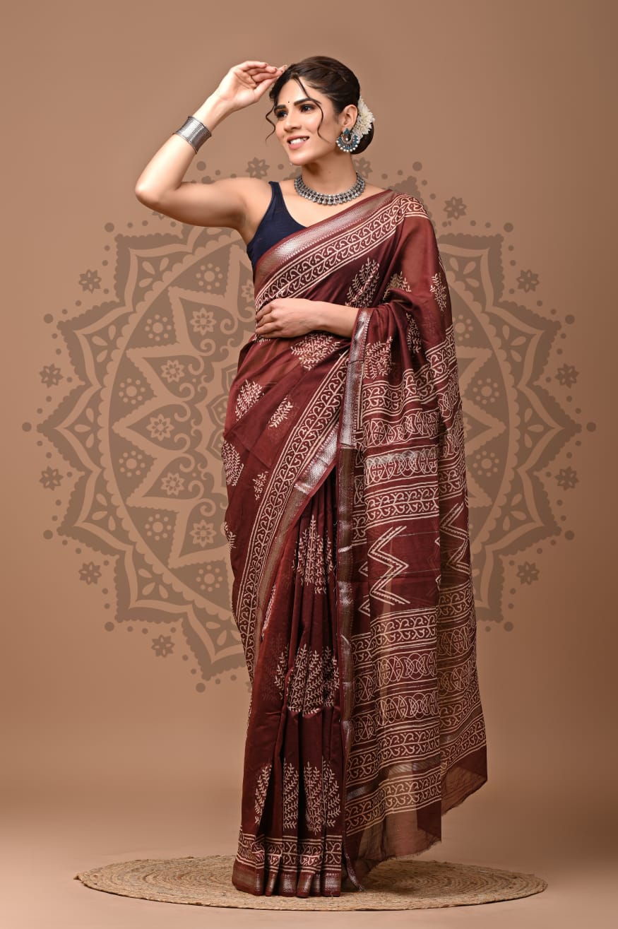 Maroon Maheshwari Bagru Print Saree