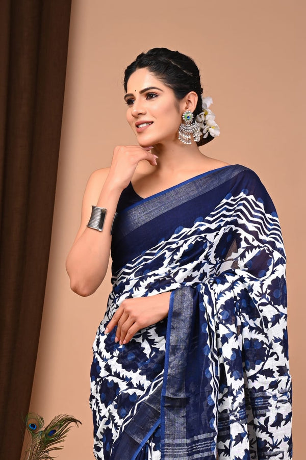 Blue & white Blockprint Linen Slub Saree