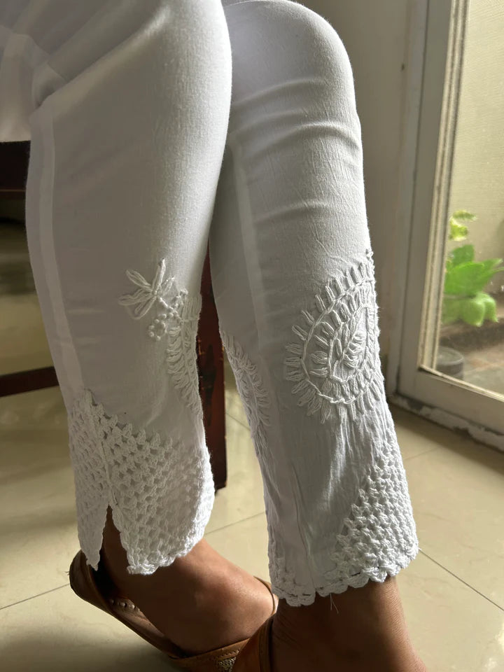 White chikan work on cigarette pants