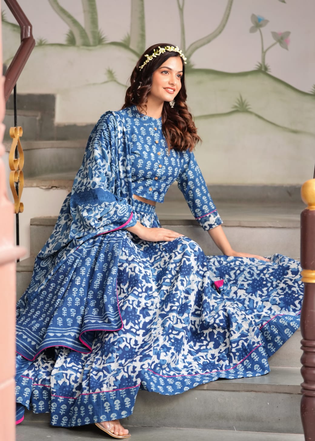 Indigo Bagru Print Flora lehenga choli Set