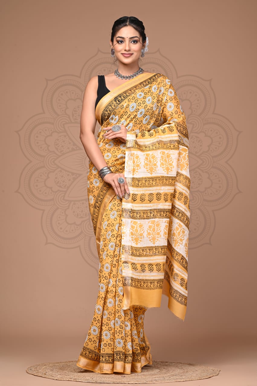 White And yellow Maheshwari Handblock Printed Saree