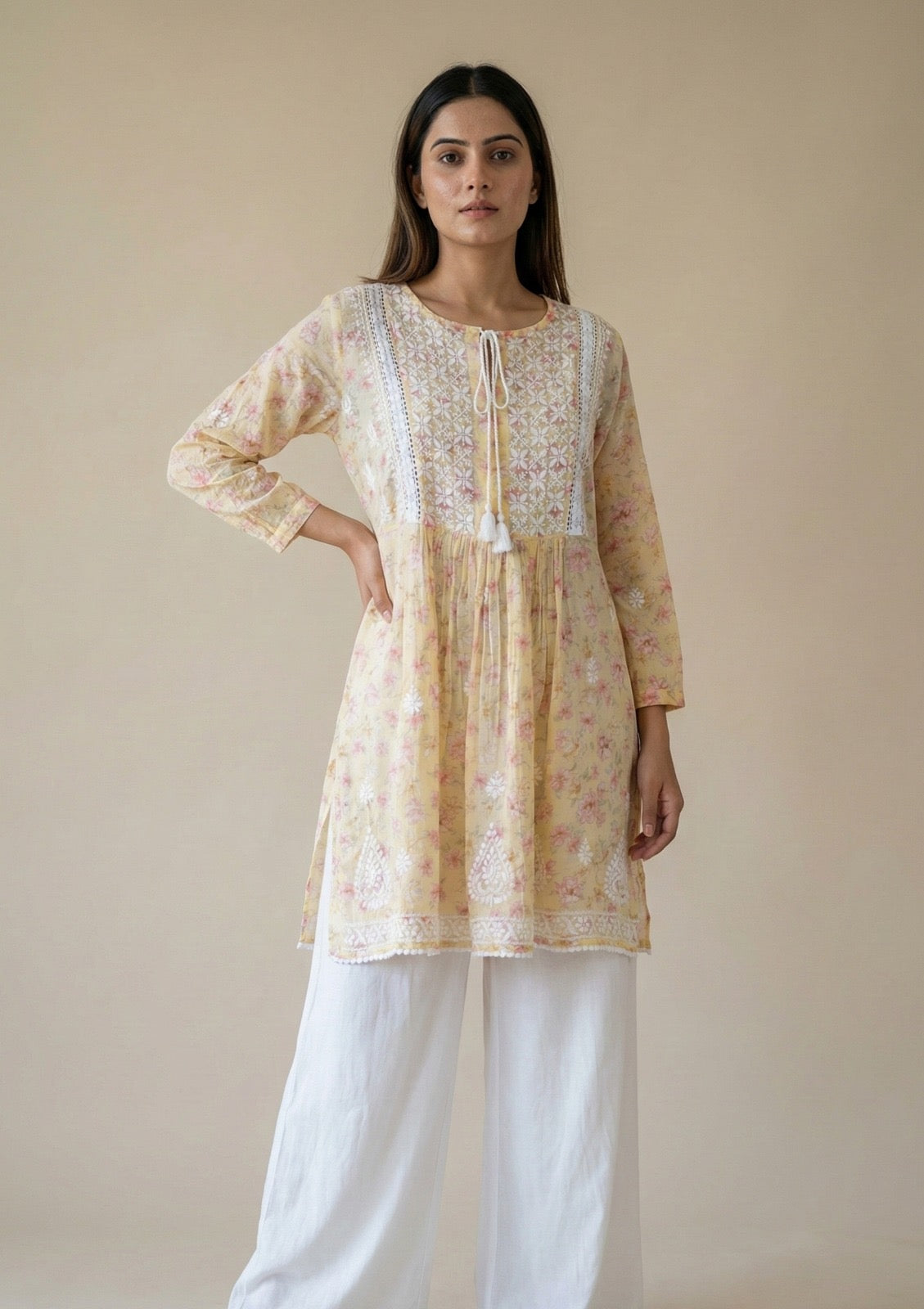 Light Yellow Mul cotton short chikankari Kurti