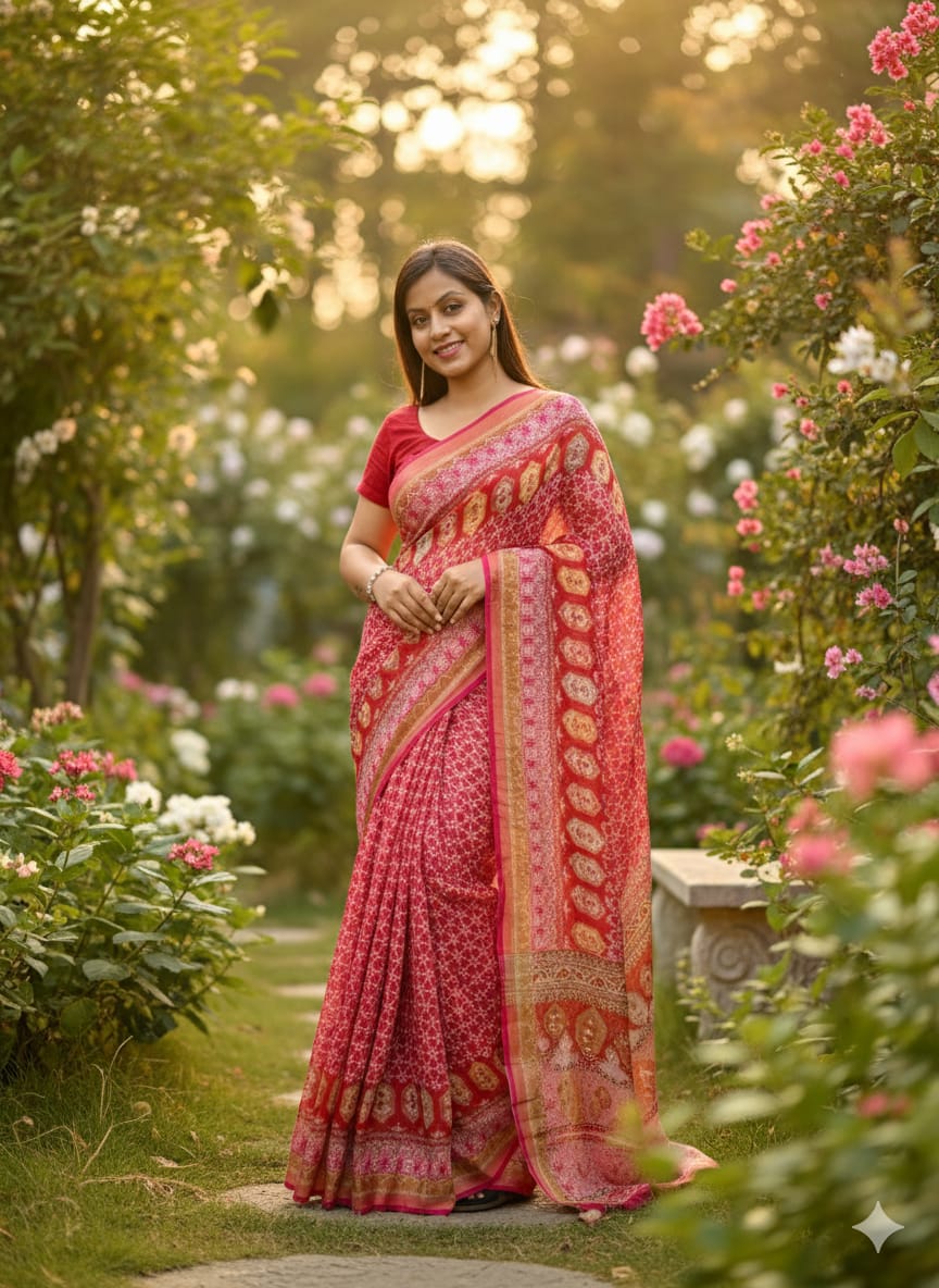 Pink Floral Pure Linen Saree