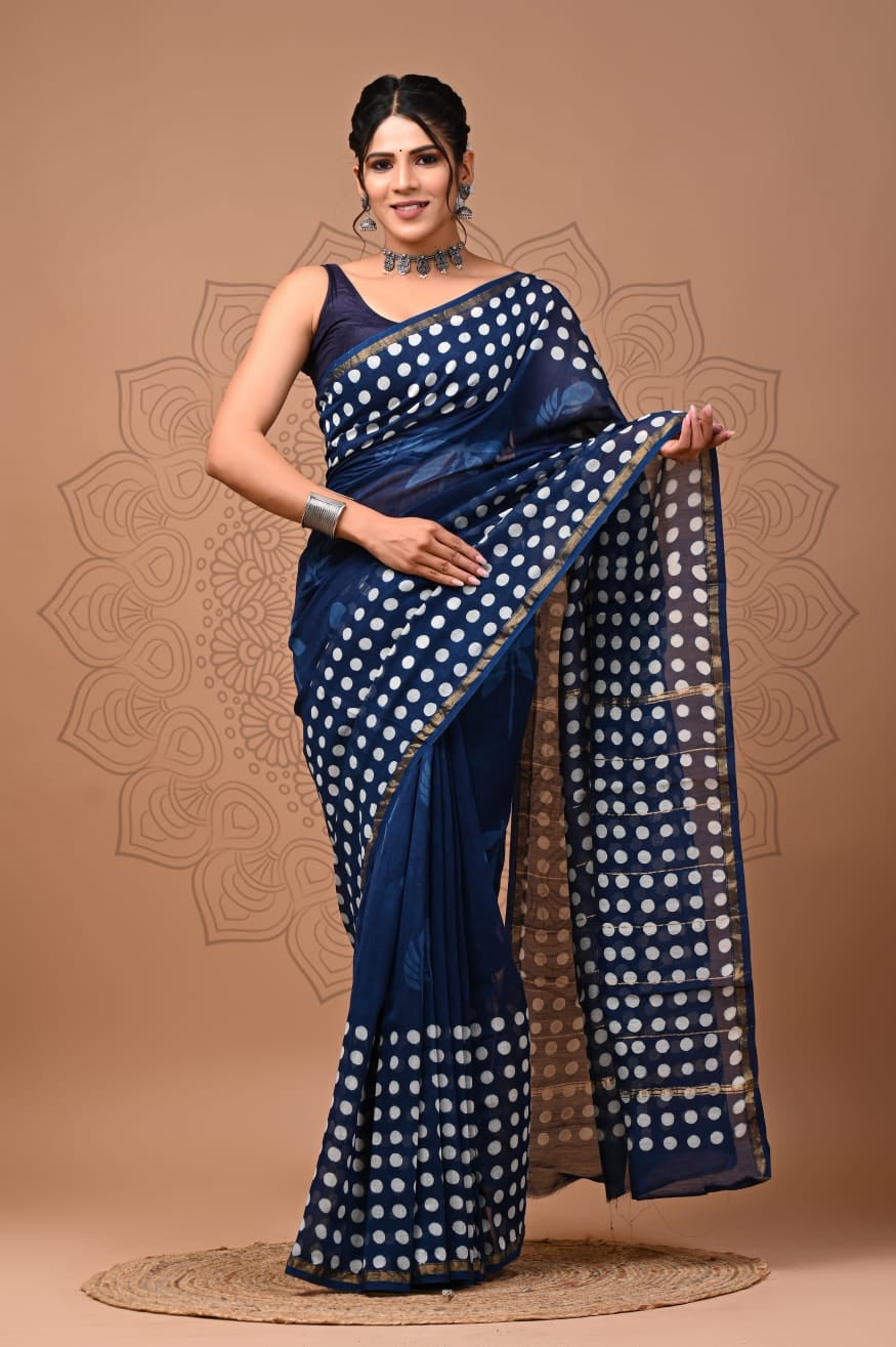 Blue Chanderi Handblock Printed Saree