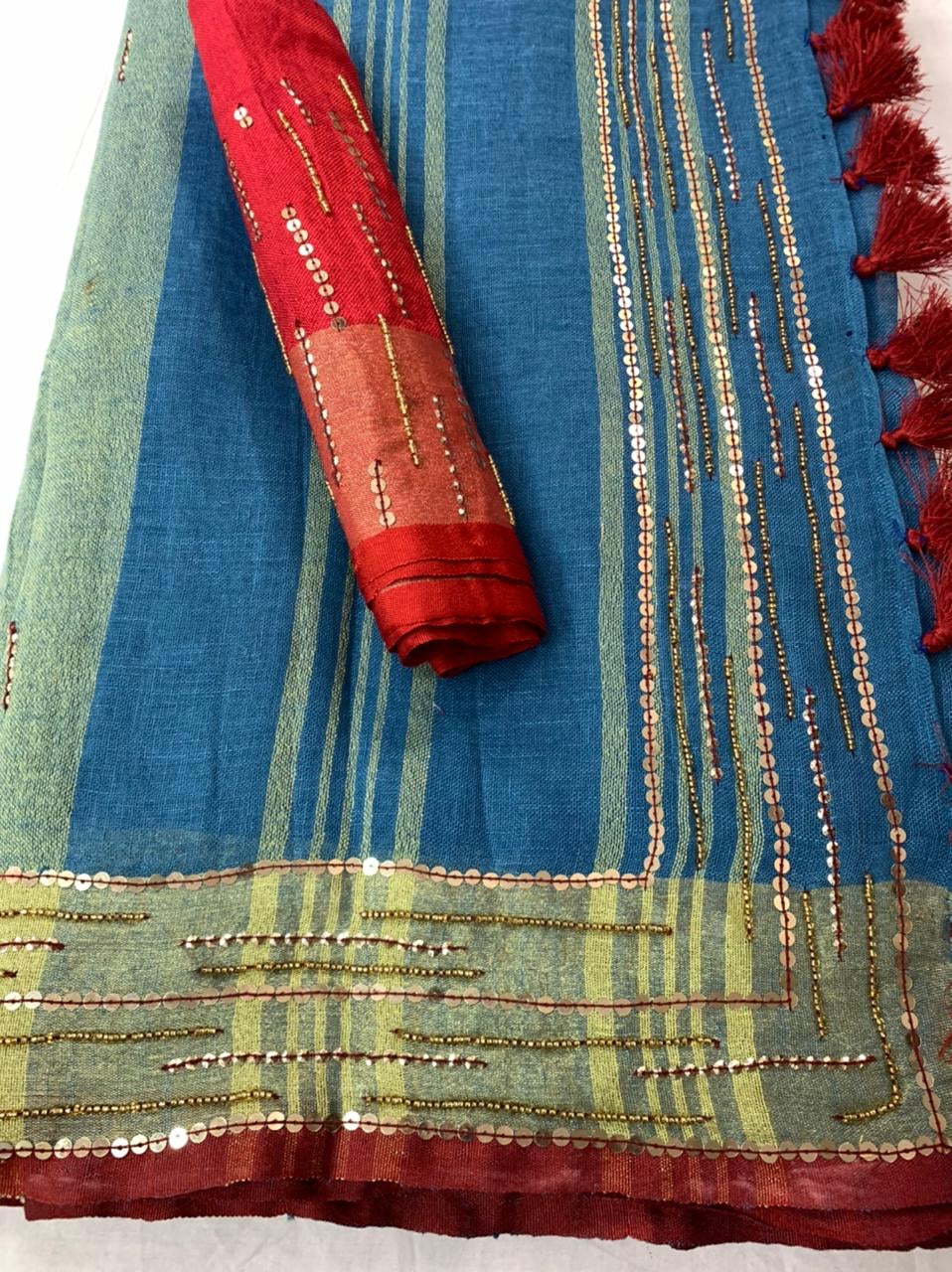 Blue Linen Embroidery Saree