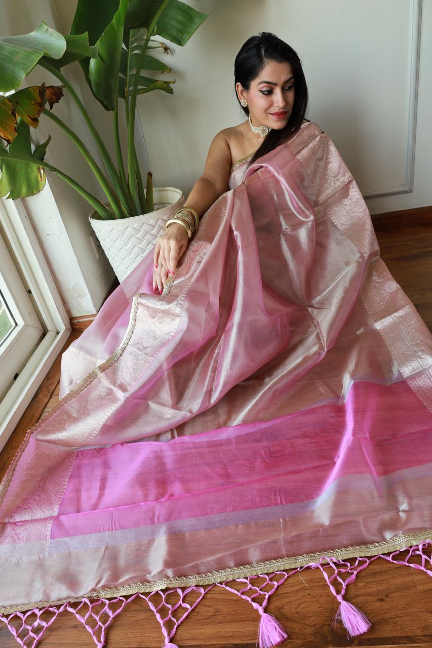 Celebrity look  Pink Tissue Saree