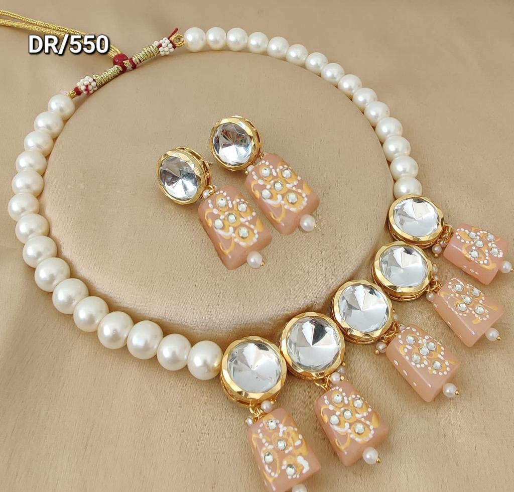 Kundan pearl necklace set in peach