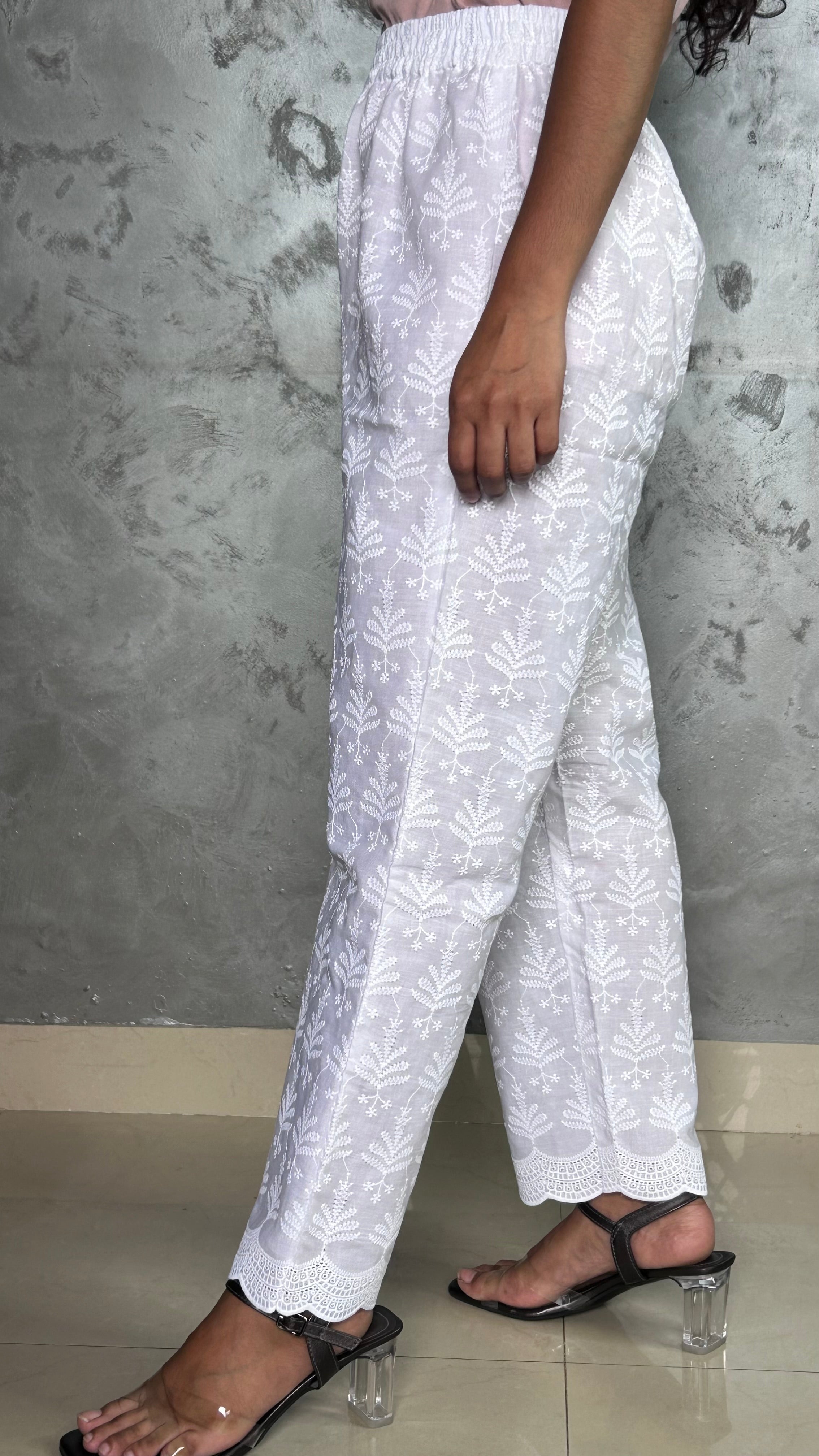 White Full Chikankari Embroidery Work Straight Pant In Cotton