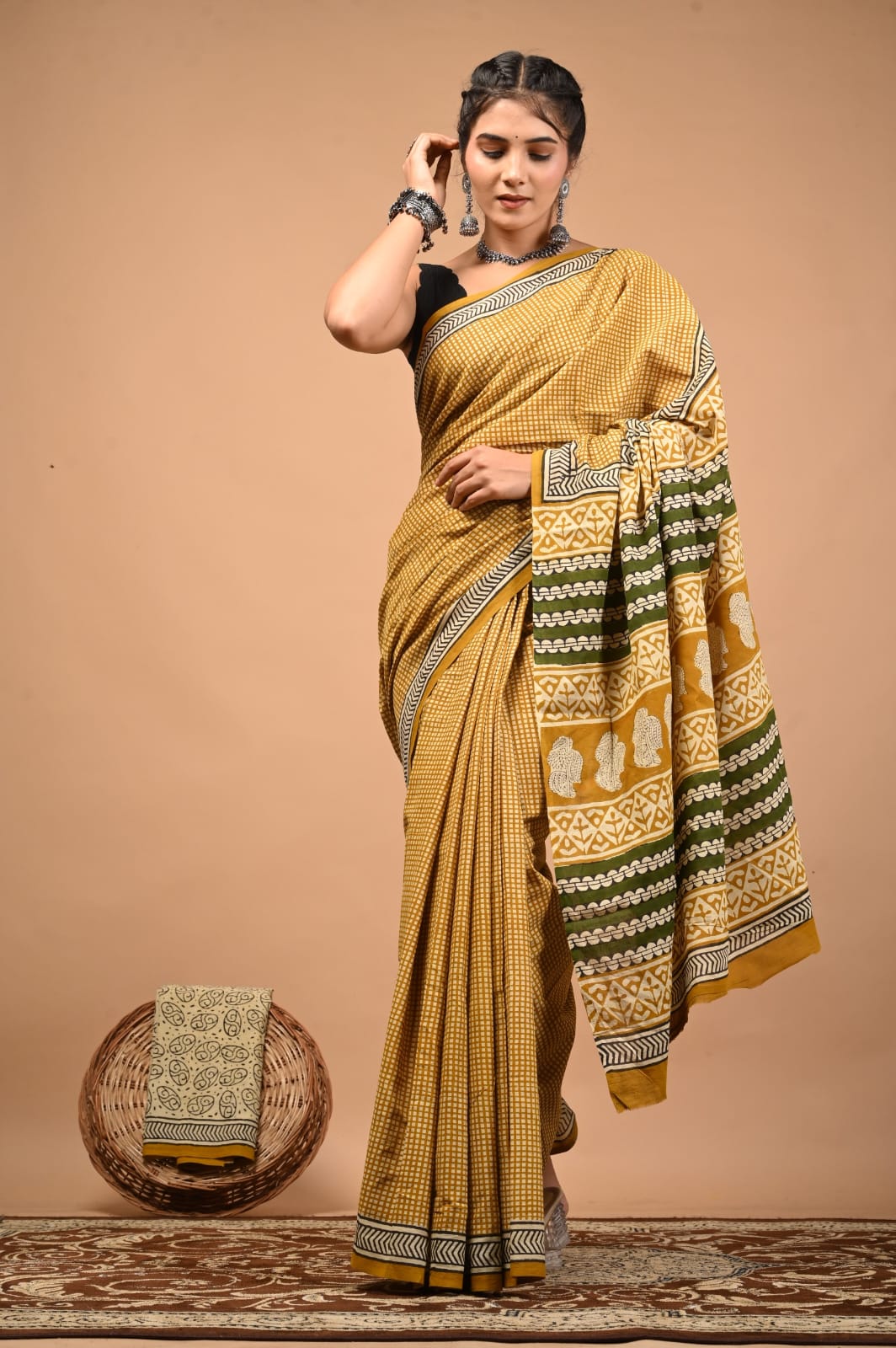 Gold Yellow Floral Hand Block Print MulMul Cotton Saree