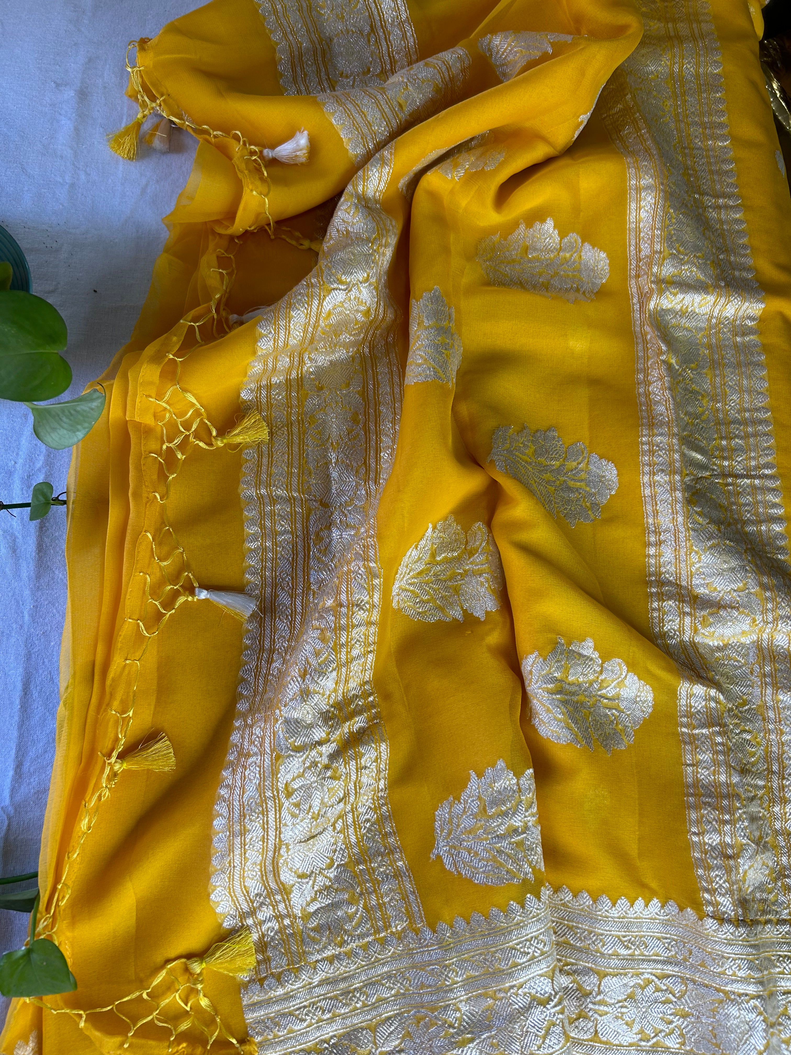 Haldi Yellow Banarasi Khaddi Georgette Jaal Saree