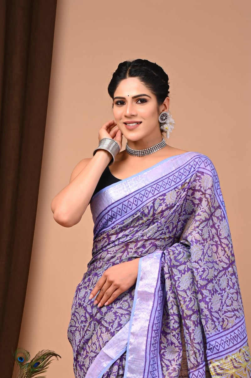 Purple Pure Linen Saree