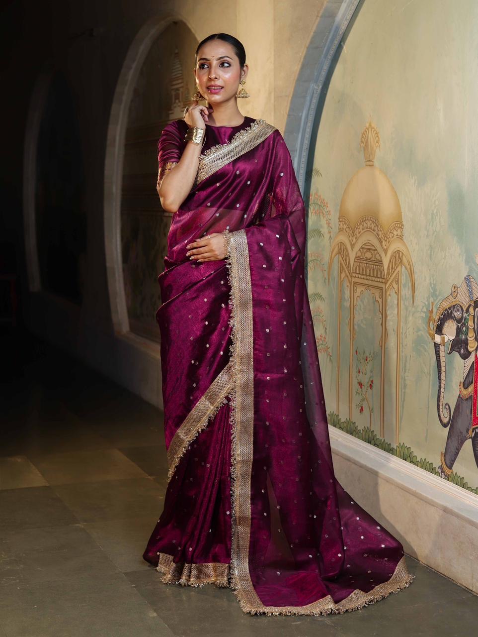 Wine Color Sitara Banarasi Tissue Saree