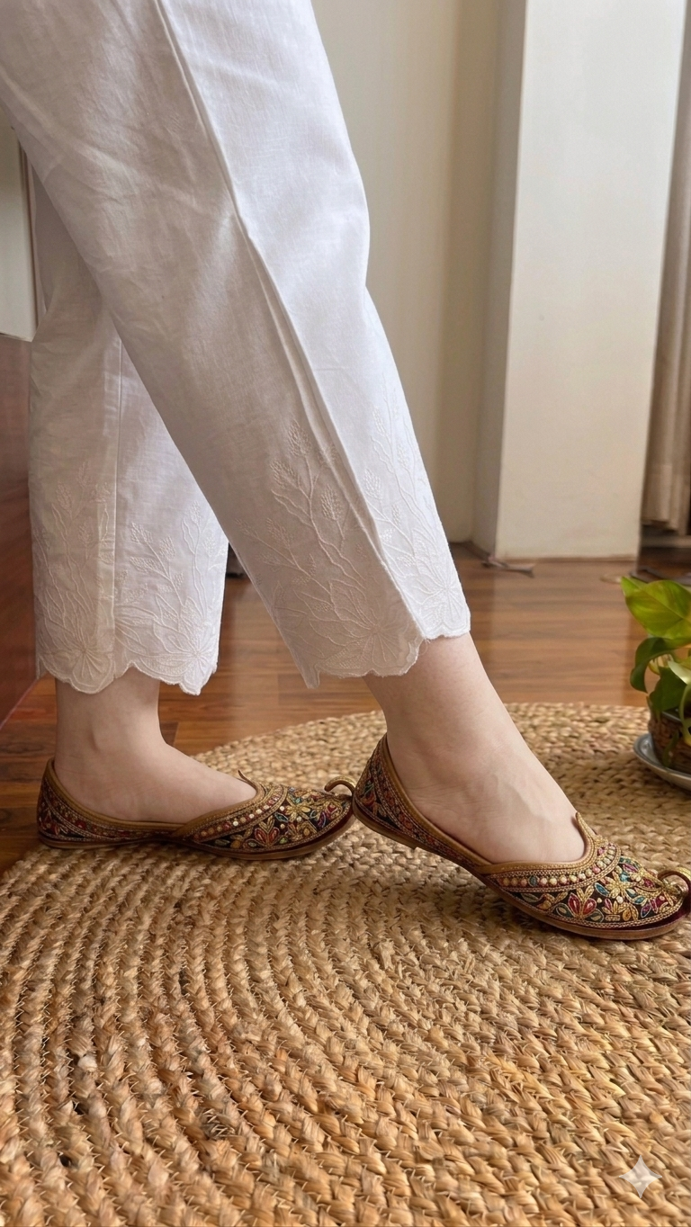 Aarika White Full Embroidery Straight Pant In Cotton For Women
