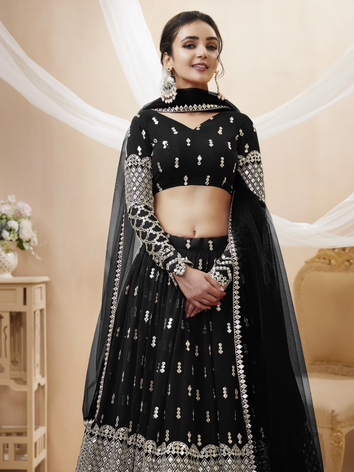 Buy Black fully Sequins Party Lehenga Online from EthnicPlus for ₹6299