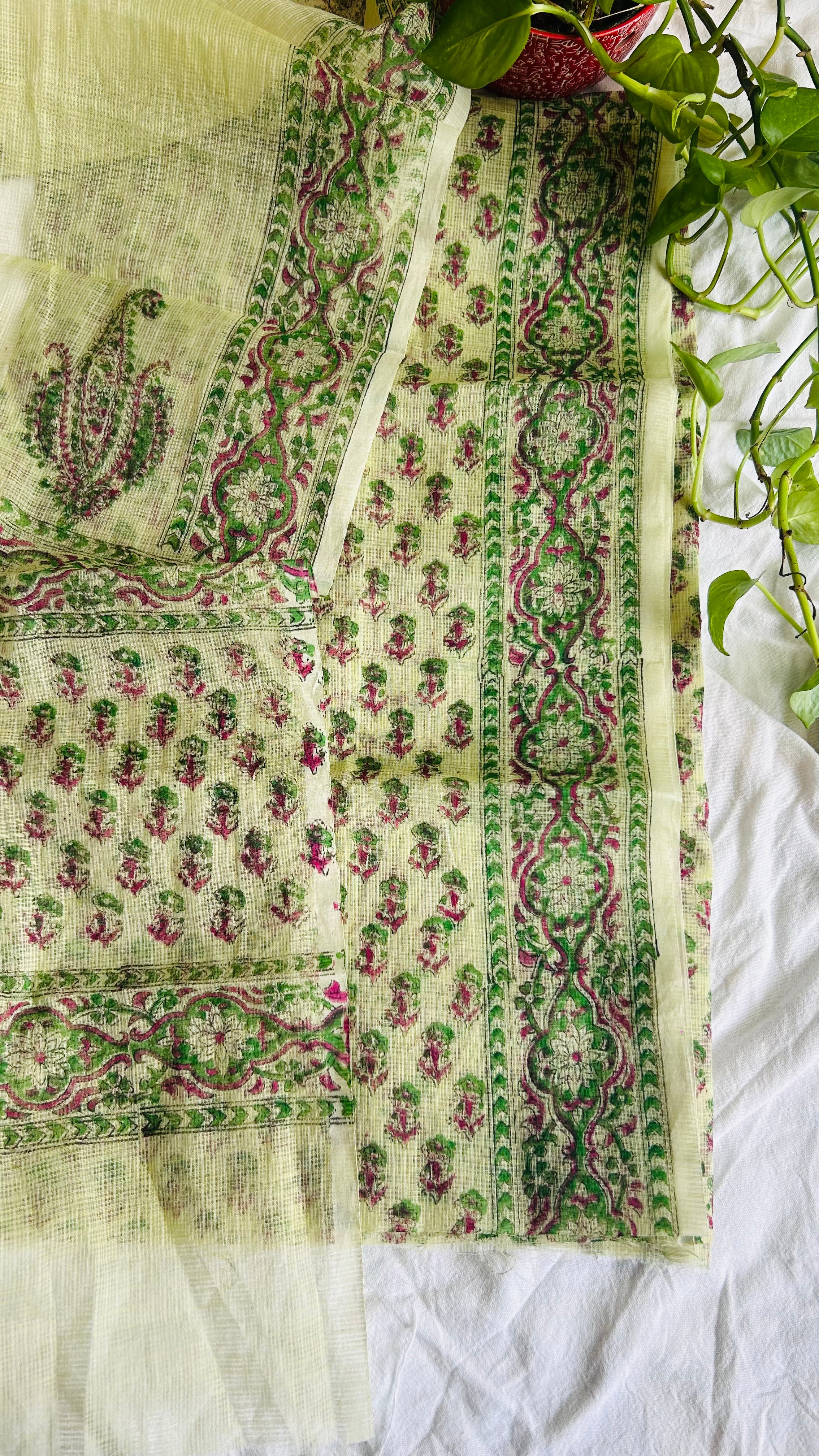 Summer Look Kota Doria Hand Block Print Suit In Olive Green (unstitched)