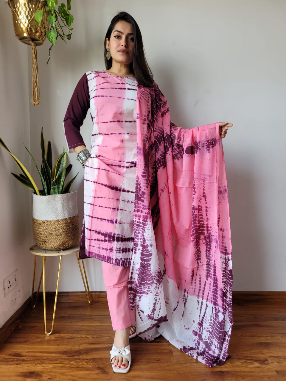 Pink Block Print Suit Set With Dupatta